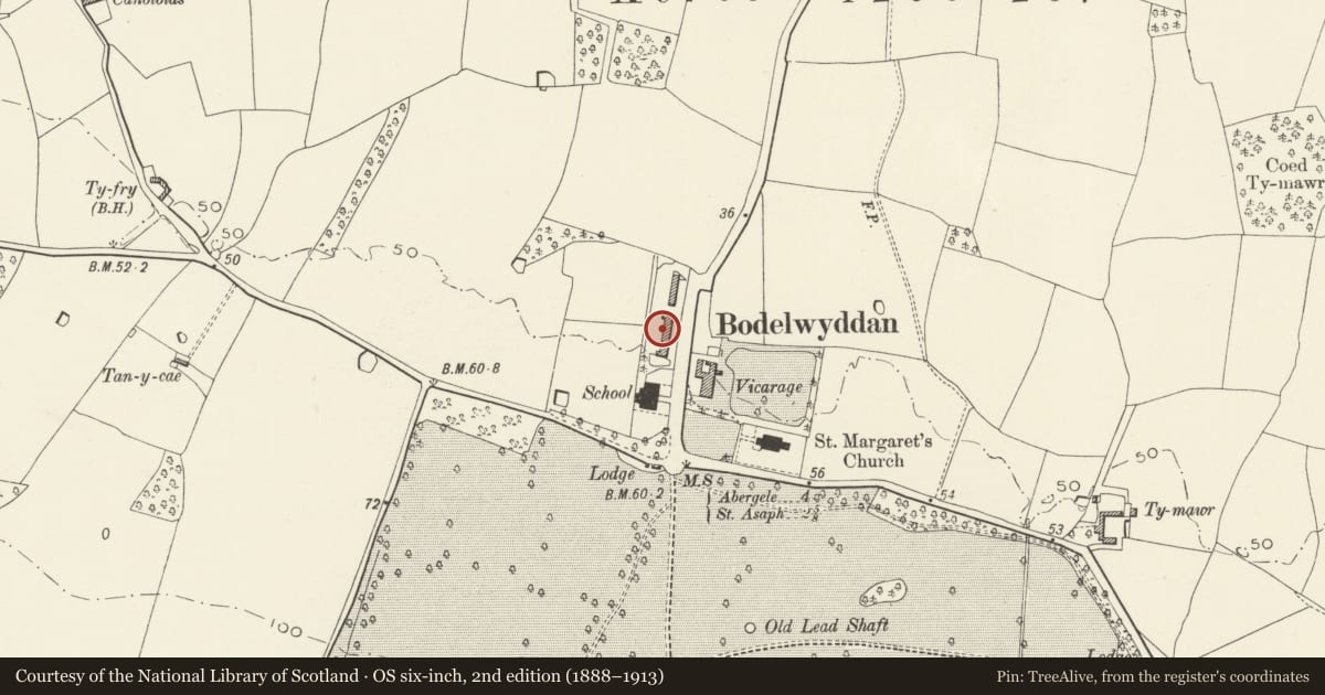Ordnance Survey six-inch map, 2nd edition (1888–1913) covering the location of 12, The Village, Bodelwyddan, Denbighshire, with a pin at the register's coordinates
