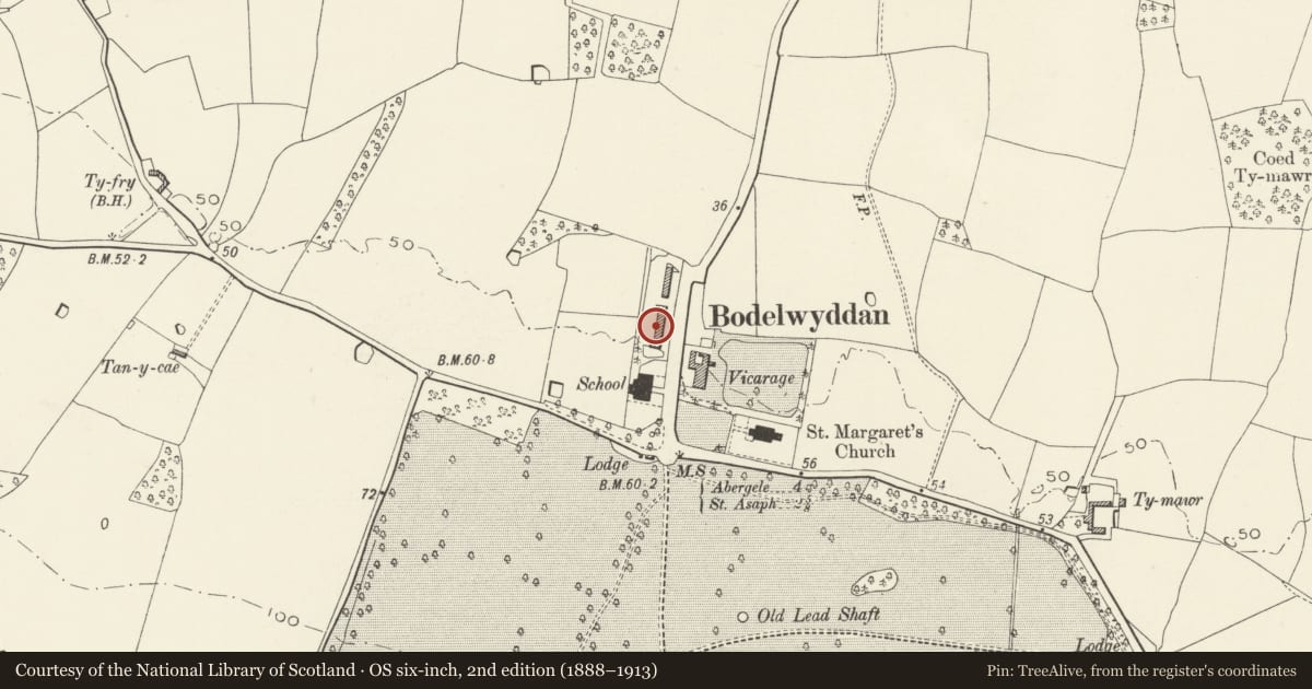 Ordnance Survey six-inch map, 2nd edition (1888–1913) covering the location of 13, The Village, Bodelwyddan, Denbighshire, with a pin at the register's coordinates