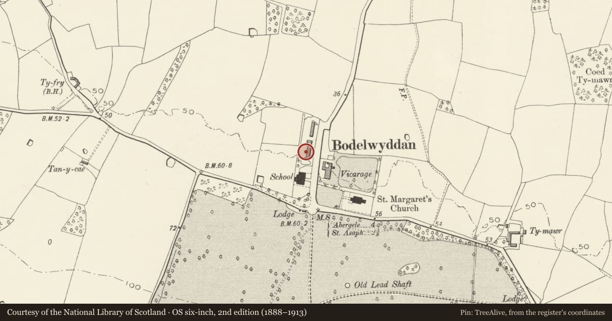 Ordnance Survey six-inch map, 2nd edition (1888–1913) covering the location of 15, The Village, Bodelwyddan, Denbighshire, with a pin at the register's coordinates