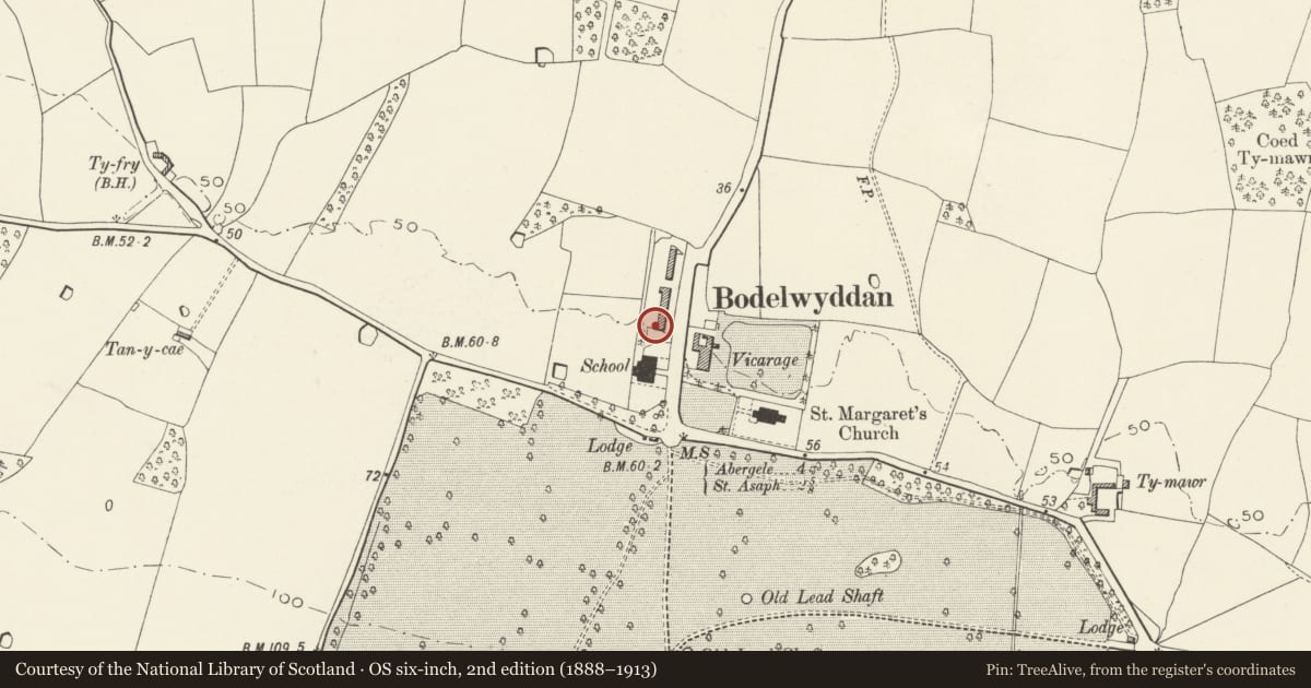 Ordnance Survey six-inch map, 2nd edition (1888–1913) covering the location of 18, The Village, Bodelwyddan, Denbighshire, with a pin at the register's coordinates
