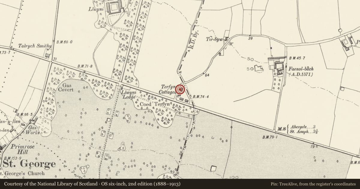 Ordnance Survey six-inch map, 2nd edition (1888–1913) covering the location of 2 Terfyn Cottages, Bodelwyddan, Denbighshire, with a pin at the register's coordinates
