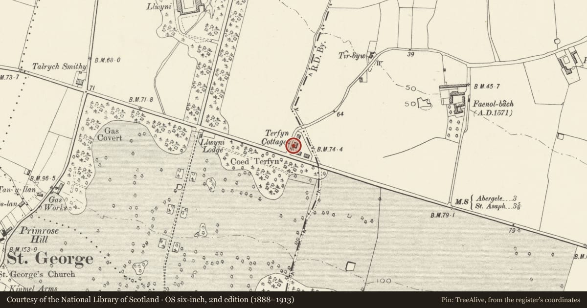 Ordnance Survey six-inch map, 2nd edition (1888–1913) covering the location of 4 Terfyn Cottages, Bodelwyddan, Denbighshire, with a pin at the register's coordinates