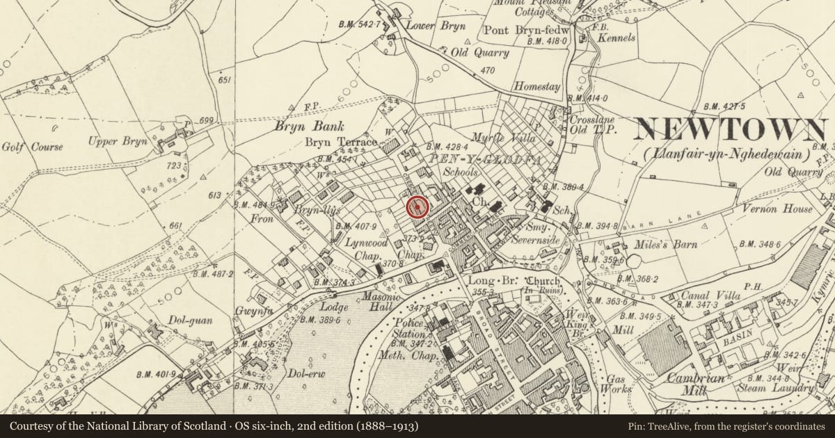 Ordnance Survey six-inch map, 2nd edition (1888–1913) covering the location of 14 Crescent Street, Newtown and Llanllwchaiarn, Powys, with a pin at the register's coordinates