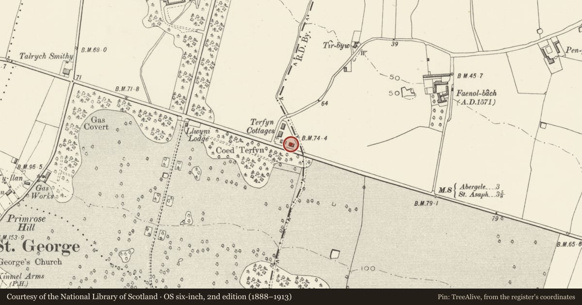 Ordnance Survey six-inch map, 2nd edition (1888–1913) covering the location of 8 Terfyn Cottages, Bodelwyddan, Denbighshire, with a pin at the register's coordinates