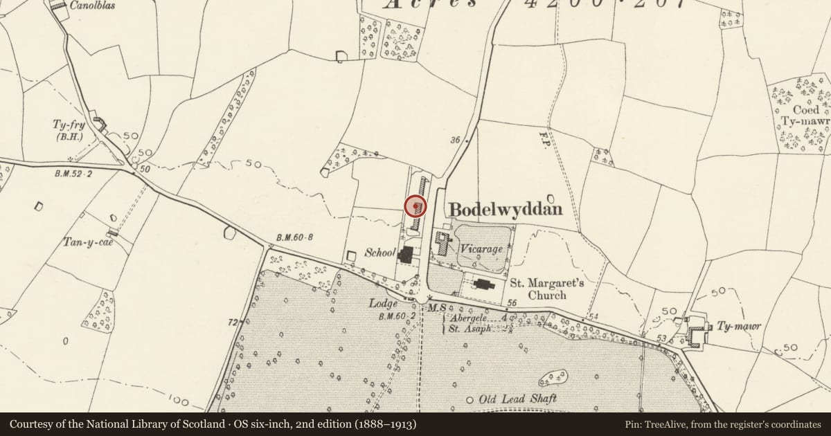 Ordnance Survey six-inch map, 2nd edition (1888–1913) covering the location of 9, The Village, Bodelwyddan, Denbighshire, with a pin at the register's coordinates