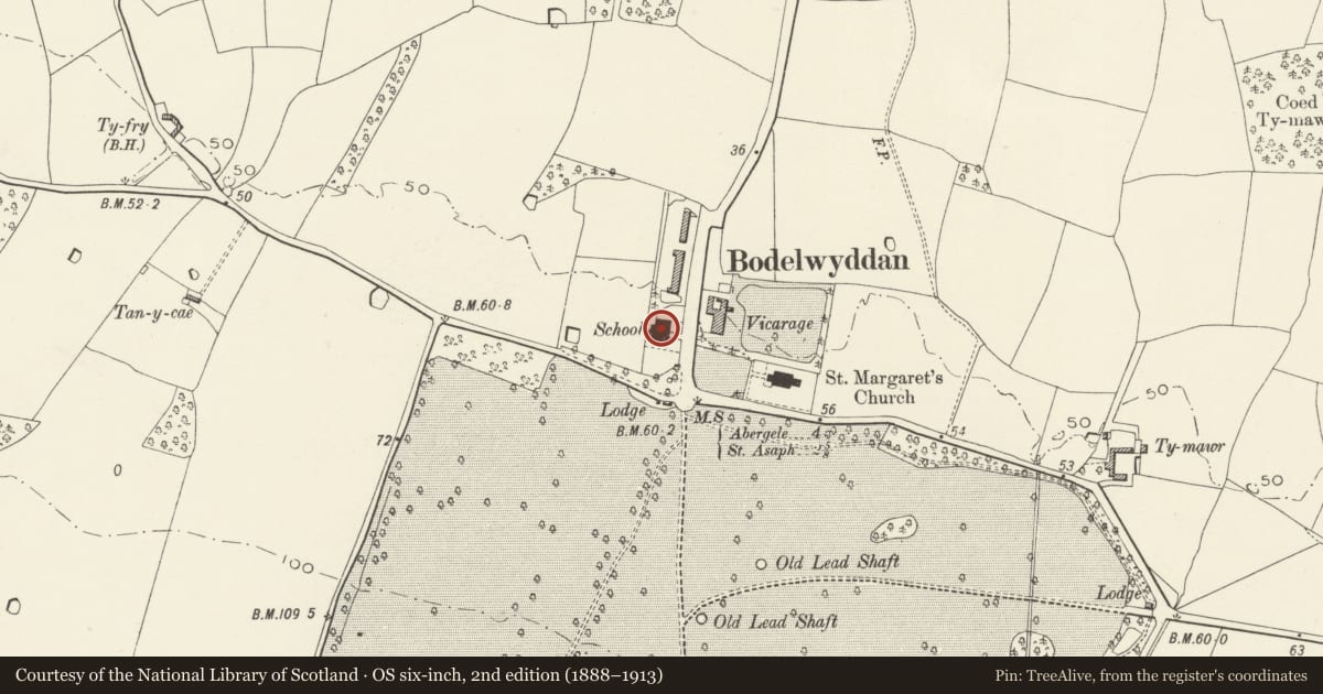 Ordnance Survey six-inch map, 2nd edition (1888–1913) covering the location of Bodelwyddan Village Hall (former School), Denbighshire, with a pin at the register's coordinates