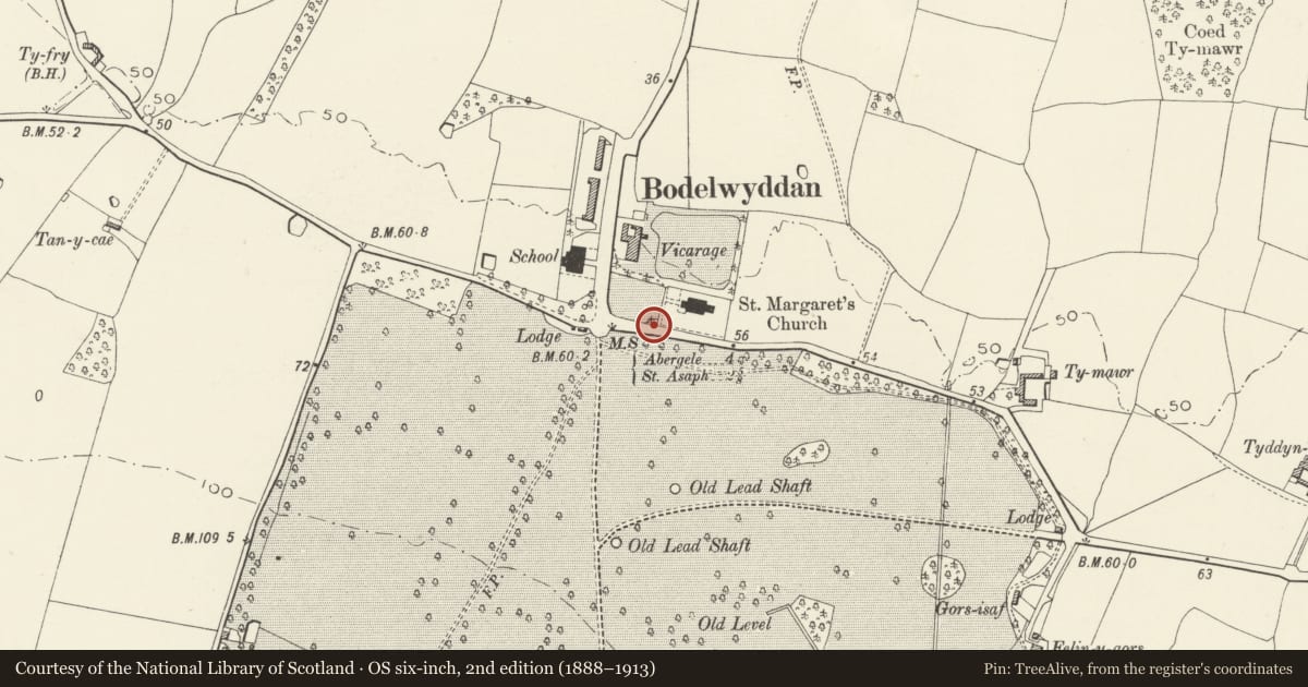 Ordnance Survey six-inch map, 2nd edition (1888–1913) covering the location of Churchyard Wall of St Margaret's, Bodelwyddan, Denbighshire, with a pin at the register's coordinates