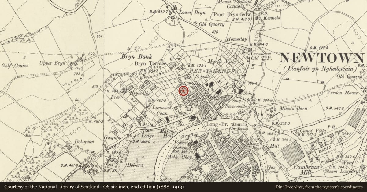 Ordnance Survey six-inch map, 2nd edition (1888–1913) covering the location of 15 Crescent Street, Newtown and Llanllwchaiarn, Powys, with a pin at the register's coordinates