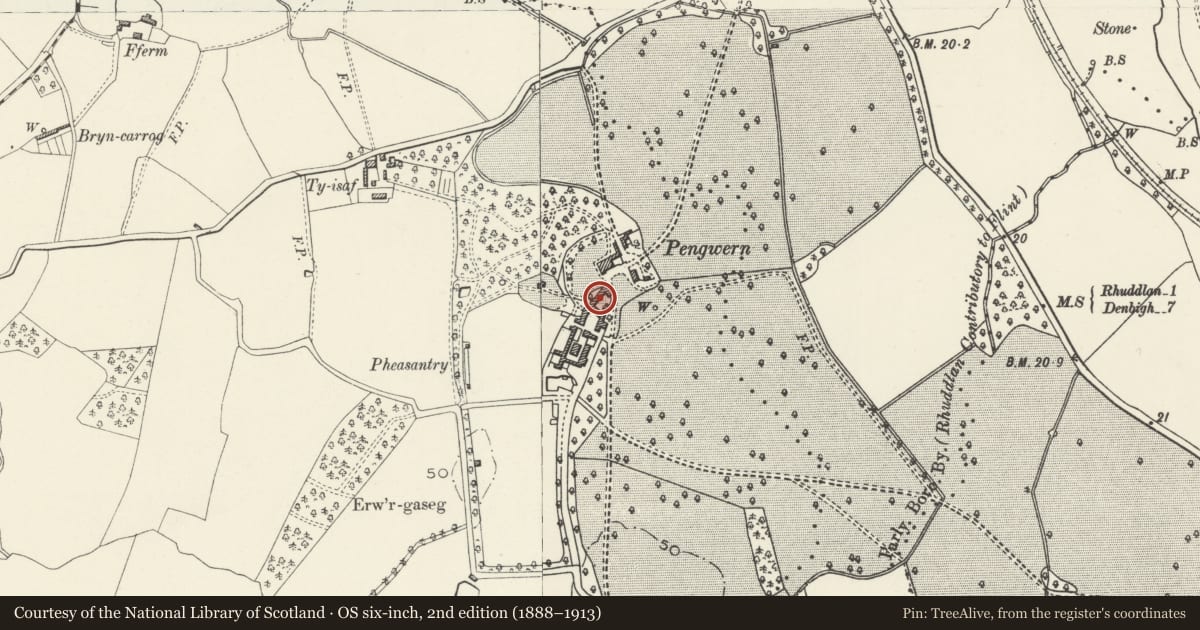 Ordnance Survey six-inch map, 2nd edition (1888–1913) covering the location of Coach House at Pengwern Hall with Outbuildings Range to W, Bodelwyddan, Denbighshire, with a pin at the register's coordinates