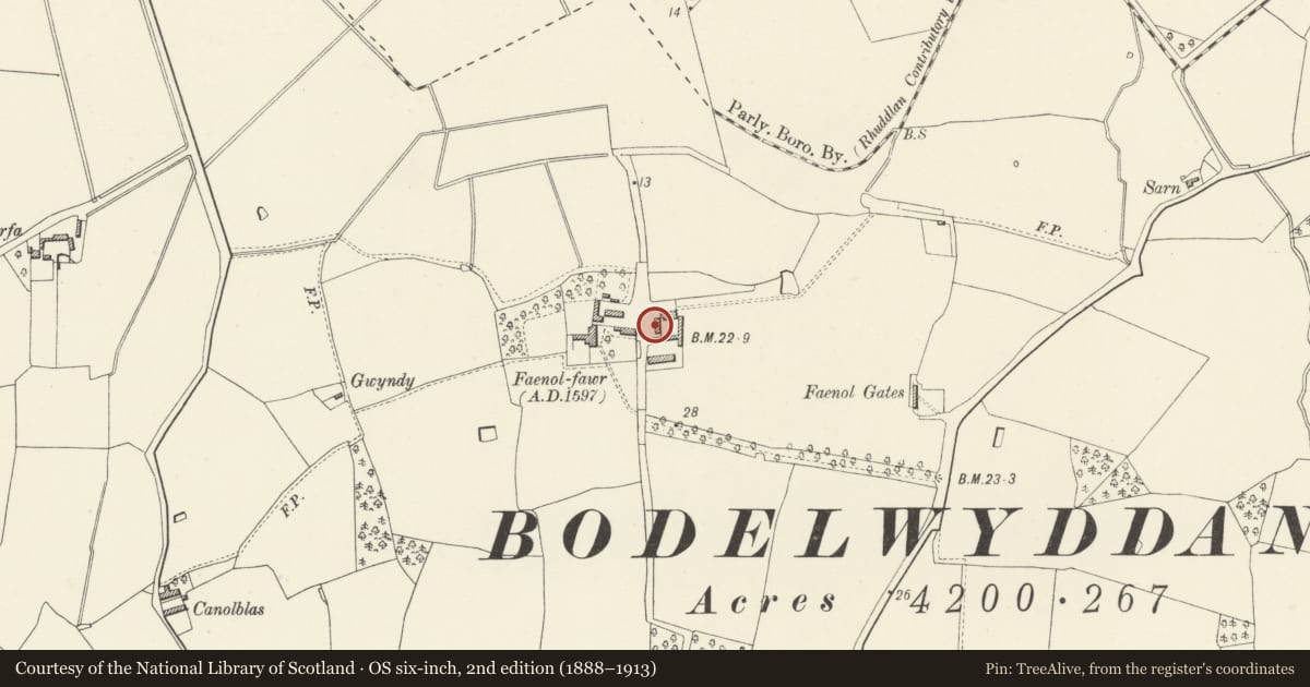 Ordnance Survey six-inch map, 2nd edition (1888–1913) covering the location of Faenol Fawr Barn, Bodelwyddan, Denbighshire, with a pin at the register's coordinates