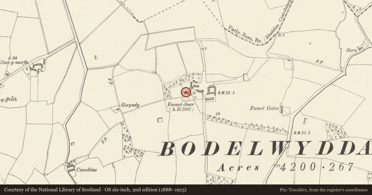 Ordnance Survey six-inch map, 2nd edition (1888–1913) covering the location of Faenol Fawr Dovecote, Bodelwyddan, Denbighshire, with a pin at the register's coordinates