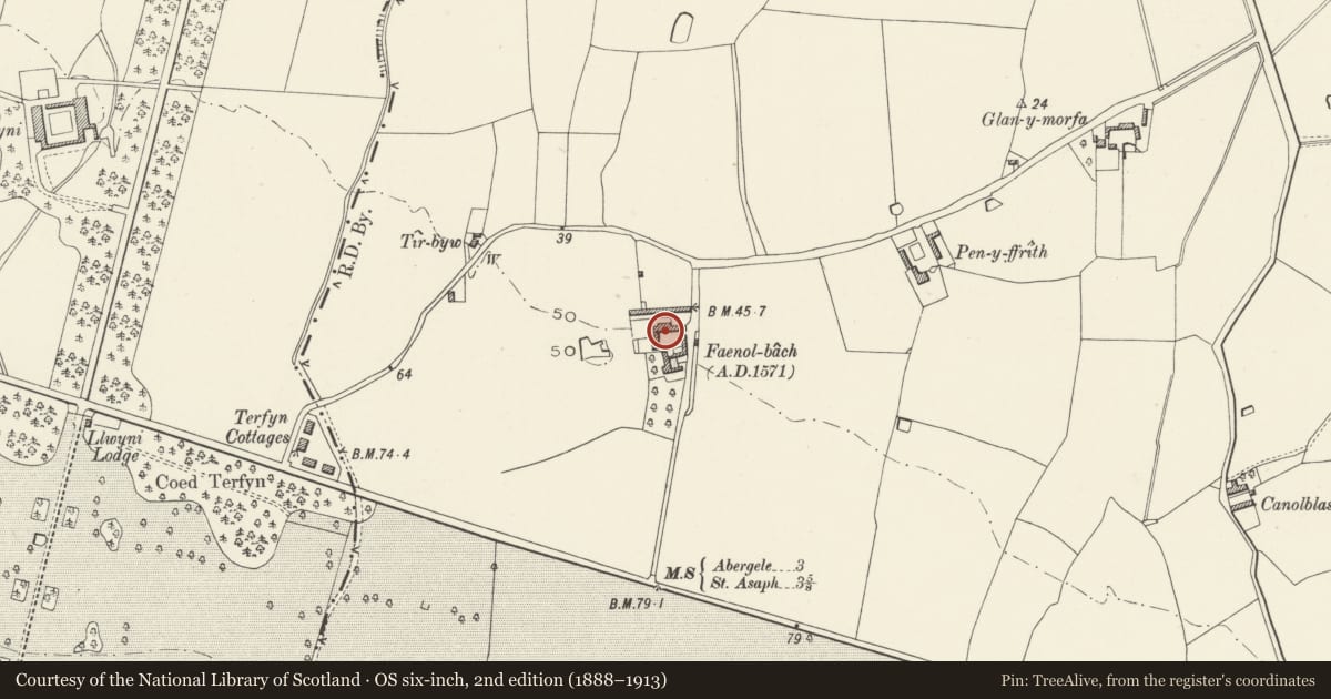 Ordnance Survey six-inch map, 2nd edition (1888–1913) covering the location of Farm Range to N of Faenol-bach Farmyard, Bodelwyddan, Denbighshire, with a pin at the register's coordinates