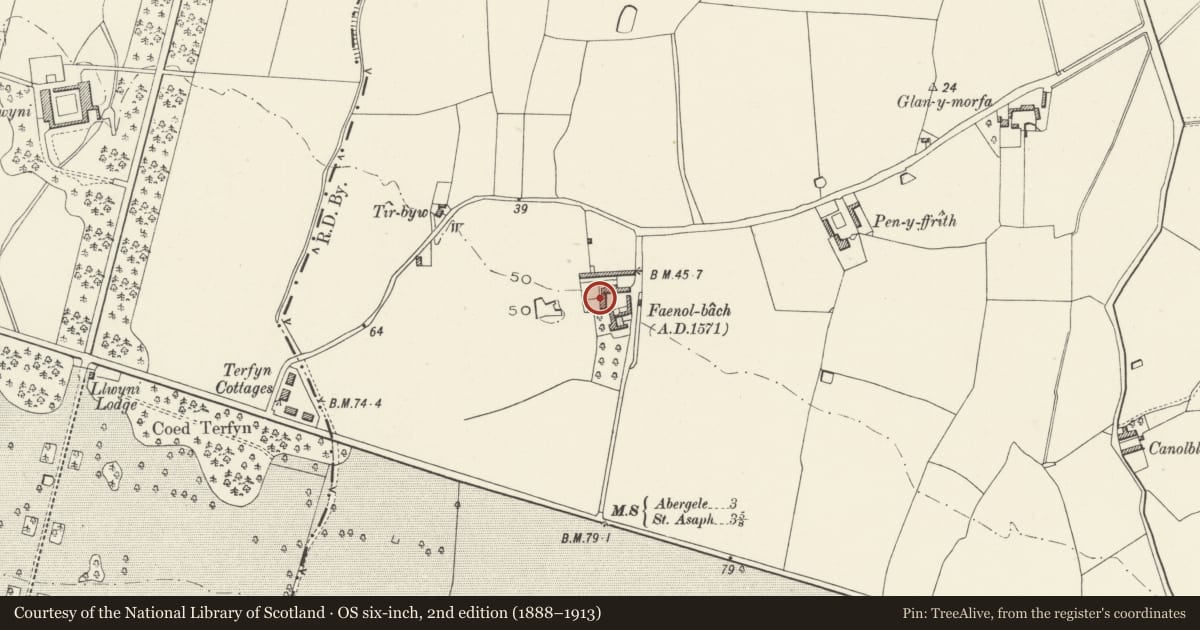 Ordnance Survey six-inch map, 2nd edition (1888–1913) covering the location of Farm Range to W of Faenol-bach Farmyard, Bodelwyddan, Denbighshire, with a pin at the register's coordinates