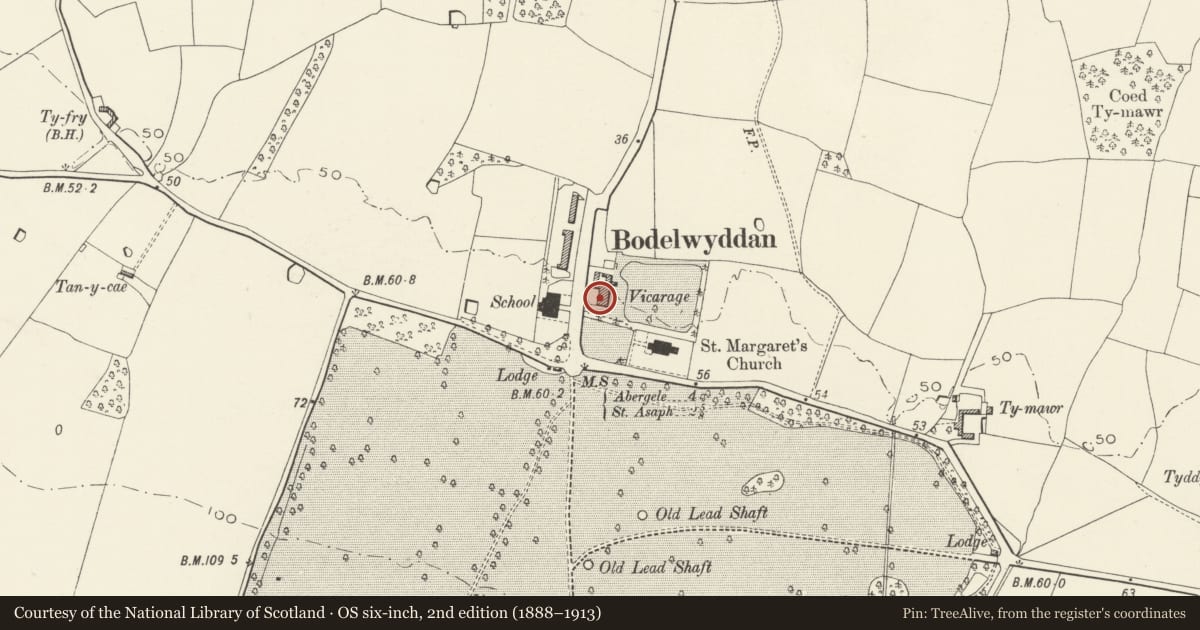 Ordnance Survey six-inch map, 2nd edition (1888–1913) covering the location of Bodelwyddan Vicarage, Denbighshire, with a pin at the register's coordinates