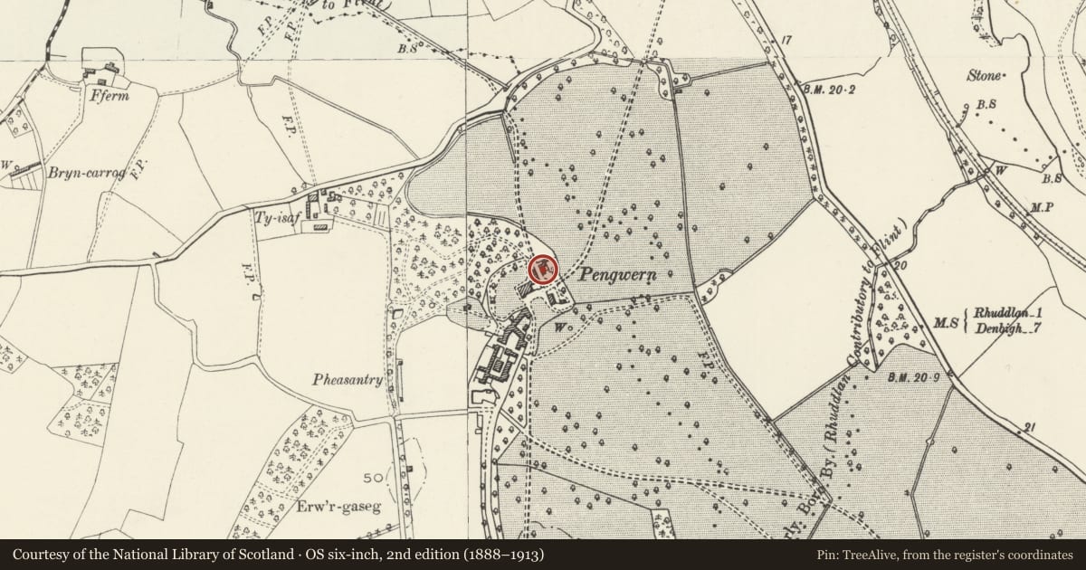 Ordnance Survey six-inch map, 2nd edition (1888–1913) covering the location of Garden Cottage at Pengwern Hall, Bodelwyddan, Denbighshire, with a pin at the register's coordinates