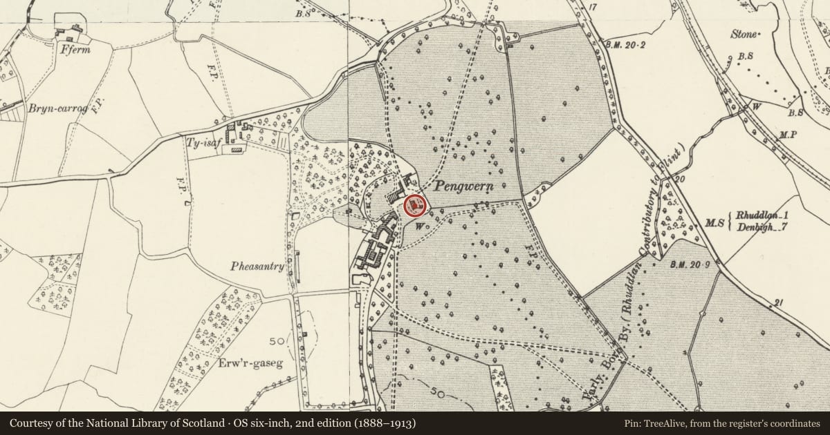 Ordnance Survey six-inch map, 2nd edition (1888–1913) covering the location of Georgian House (former Stables) at Pengwern Hall, Bodelwyddan, Denbighshire, with a pin at the register's coordinates