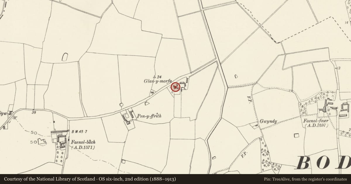 Ordnance Survey six-inch map, 2nd edition (1888–1913) covering the location of Glan-y-morfa, Bodelwyddan, Denbighshire, with a pin at the register's coordinates