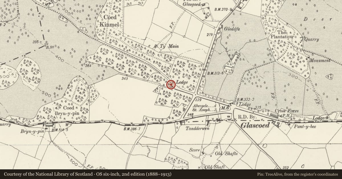 Ordnance Survey six-inch map, 2nd edition (1888–1913) covering the location of Kinmel East Gatepiers and Railings, Bodelwyddan, Denbighshire, with a pin at the register's coordinates
