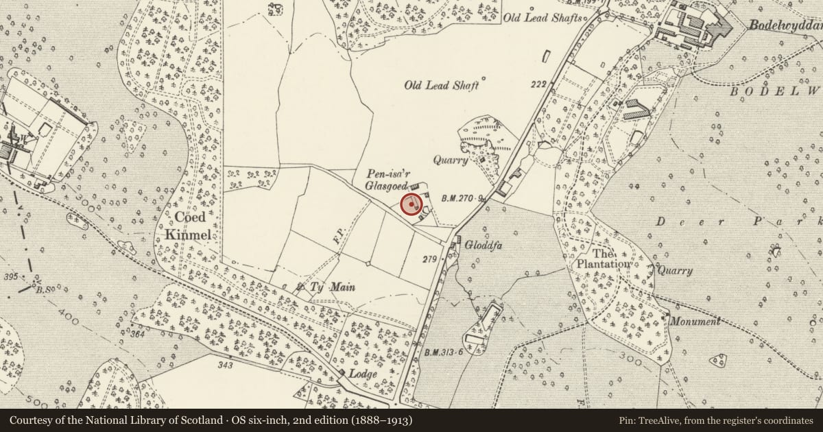 Ordnance Survey six-inch map, 2nd edition (1888–1913) covering the location of Pen-isa'r-Glascoed Outbuilding, Bodelwyddan, Denbighshire, with a pin at the register's coordinates