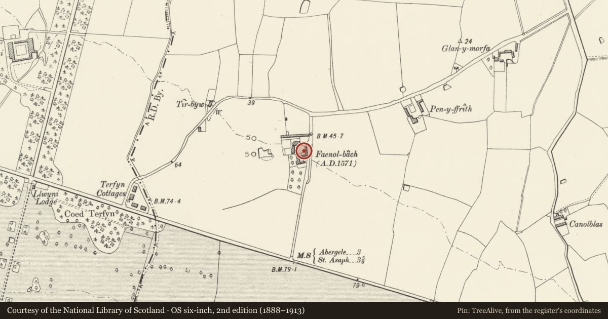 Ordnance Survey six-inch map, 2nd edition (1888–1913) covering the location of Farm Ranges to W of Faenol-bach Farmyard, Bodelwyddan, Denbighshire, with a pin at the register's coordinates