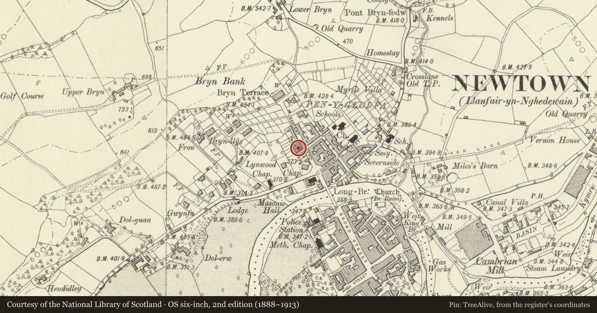 Ordnance Survey six-inch map, 2nd edition (1888–1913) covering the location of No.10 Union Court, Newtown and Llanllwchaiarn, Powys, with a pin at the register's coordinates