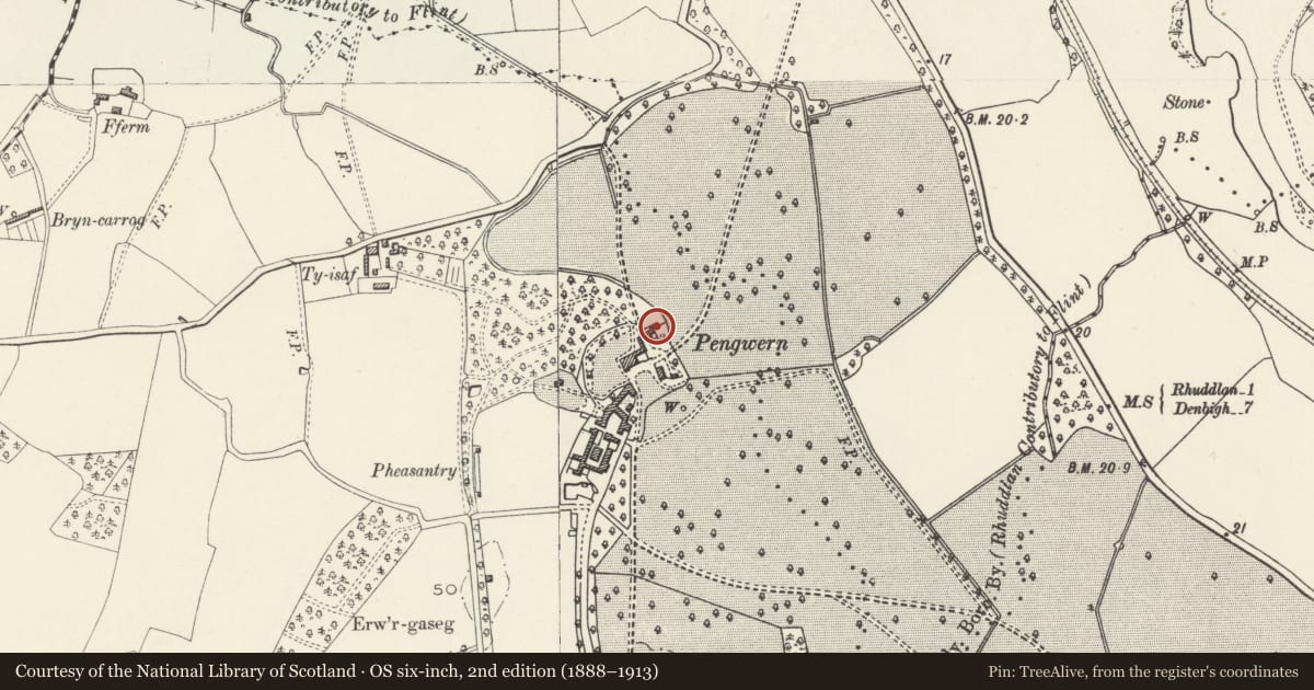 Ordnance Survey six-inch map, 2nd edition (1888–1913) covering the location of Woodwork Block (former Coach House) at Pengwern Hall, Bodelwyddan, Denbighshire, with a pin at the register's coordinates