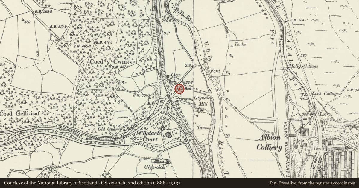 Ordnance Survey six-inch map, 2nd edition (1888–1913) covering the location of Road bridge over Nant Clydach, Pontypridd, Rhondda Cynon Taff, with a pin at the register's coordinates