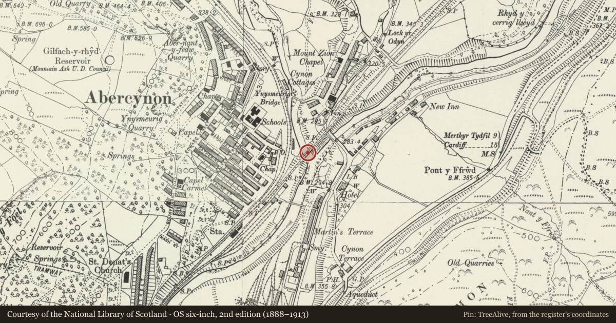 Ordnance Survey six-inch map, 2nd edition (1888–1913) covering the location of Taff Vale Railway Bridge at Abercynon, Rhondda Cynon Taff, with a pin at the register's coordinates
