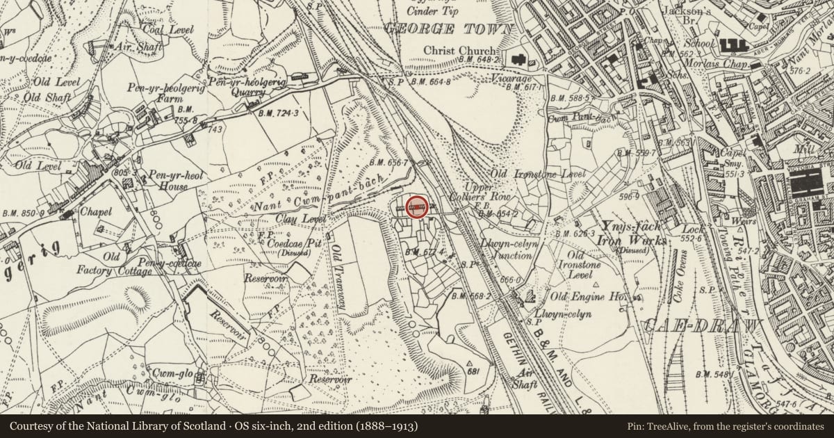 Ordnance Survey six-inch map, 2nd edition (1888–1913) covering the location of 10 Upper Colliers Row, Cyfarthfa, Merthyr Tydfil, with a pin at the register's coordinates