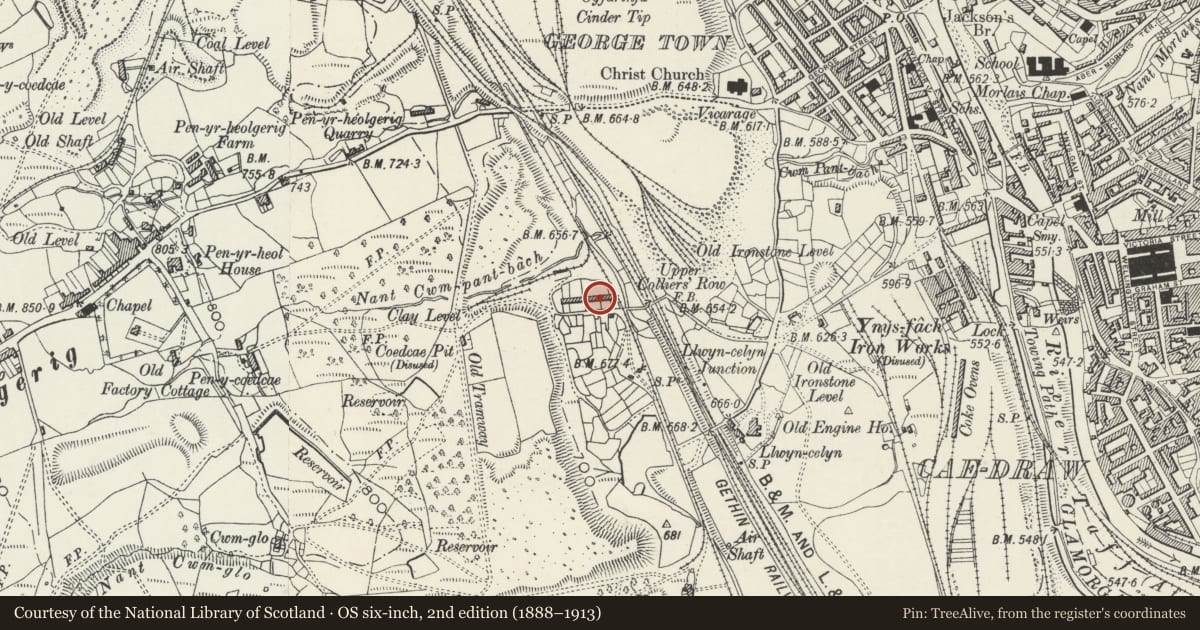 Ordnance Survey six-inch map, 2nd edition (1888–1913) covering the location of 13 Upper Colliers Row, Cyfarthfa, Merthyr Tydfil, with a pin at the register's coordinates