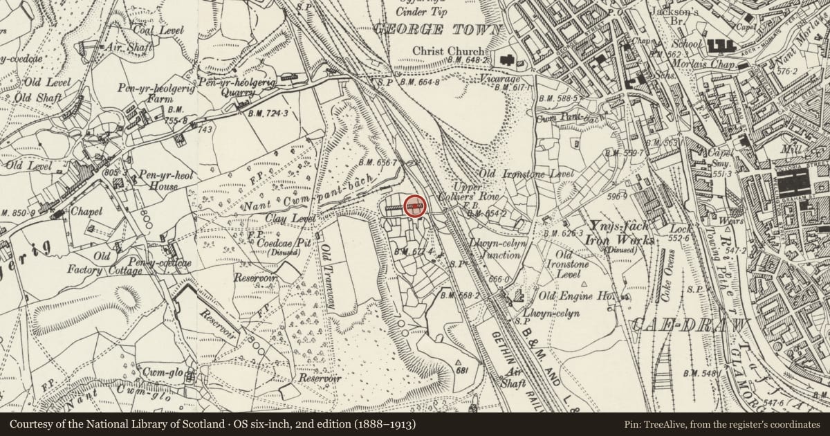 Ordnance Survey six-inch map, 2nd edition (1888–1913) covering the location of 14 Upper Colliers Row, Cyfarthfa, Merthyr Tydfil, with a pin at the register's coordinates