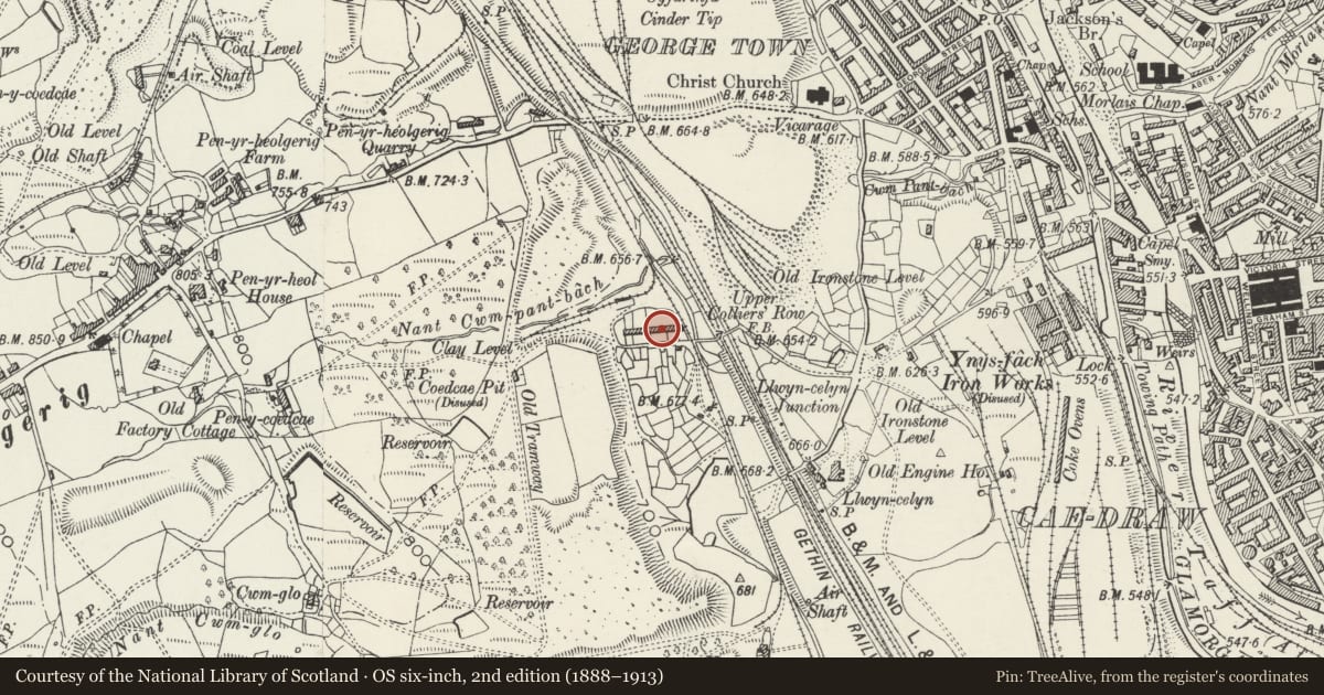 Ordnance Survey six-inch map, 2nd edition (1888–1913) covering the location of 11-12 Upper Colliers Row, Cyfarthfa, Merthyr Tydfil, with a pin at the register's coordinates