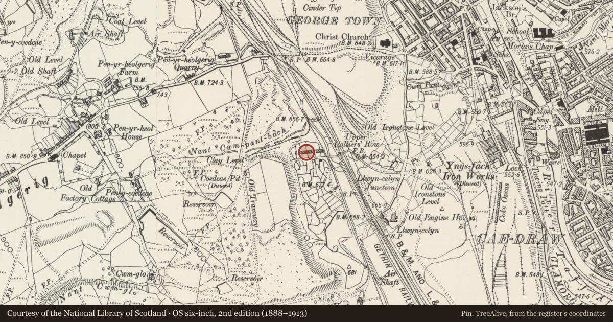 Ordnance Survey six-inch map, 2nd edition (1888–1913) covering the location of 7-8 Upper Colliers Row, Cyfarthfa, Merthyr Tydfil, with a pin at the register's coordinates