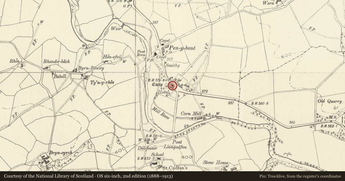 Ordnance Survey six-inch map, 2nd edition (1888–1913) covering the location of Cann Office Hotel, Banwy, Powys, with a pin at the register's coordinates