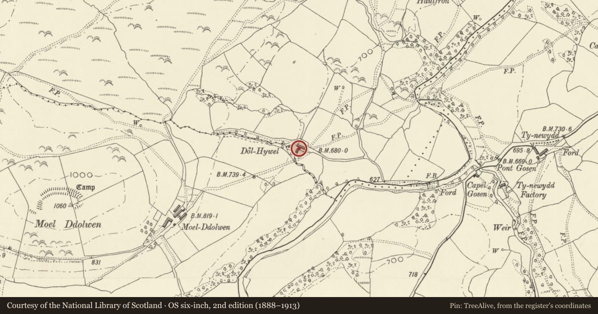 Ordnance Survey six-inch map, 2nd edition (1888–1913) covering the location of Dol-Hywel, Banwy, Powys, with a pin at the register's coordinates