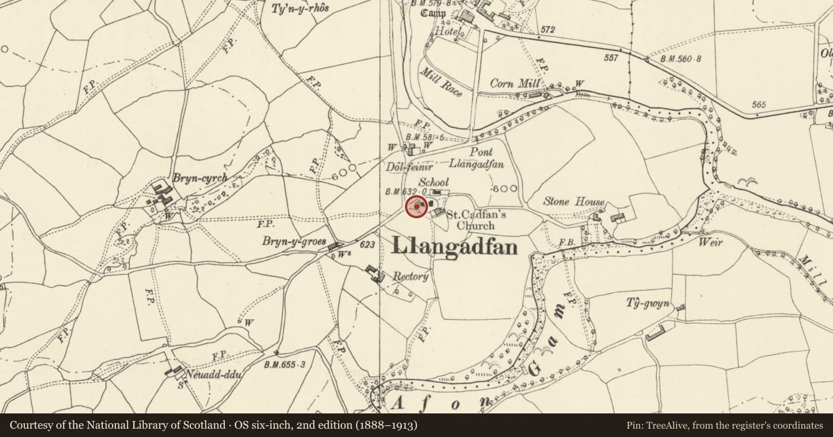 Ordnance Survey six-inch map, 2nd edition (1888–1913) covering the location of Lychgate of St Cadfan's Church, Banwy, Powys, with a pin at the register's coordinates