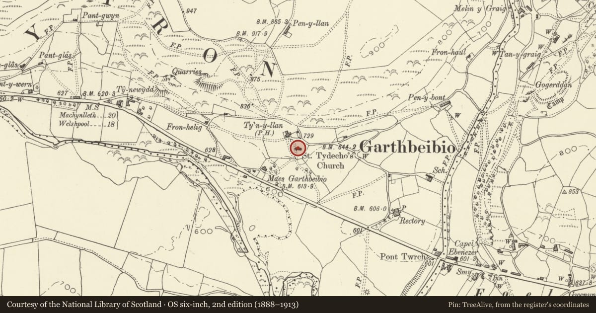 Ordnance Survey six-inch map, 2nd edition (1888–1913) covering the location of Parish Church of St Tydecho, Foel, Banwy, Powys, with a pin at the register's coordinates