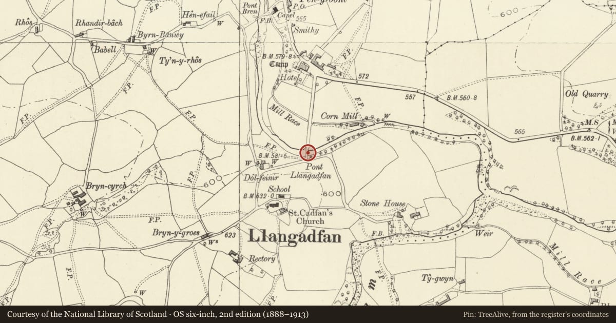 Ordnance Survey six-inch map, 2nd edition (1888–1913) covering the location of Pont Llangadfan, Banwy, Powys, with a pin at the register's coordinates
