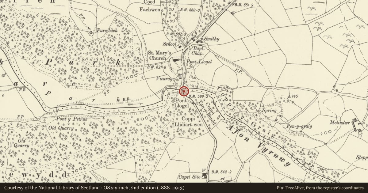 Ordnance Survey six-inch map, 2nd edition (1888–1913) covering the location of Pont Llogel (Partly in Llanfihangel community), Banwy, Powys, with a pin at the register's coordinates
