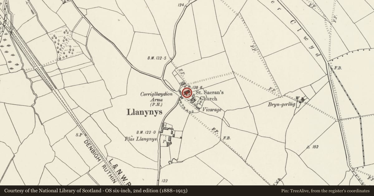 Ordnance Survey six-inch map, 2nd edition (1888–1913) covering the location of Parish Church of St Saeran, Llanynys, Denbighshire, with a pin at the register's coordinates