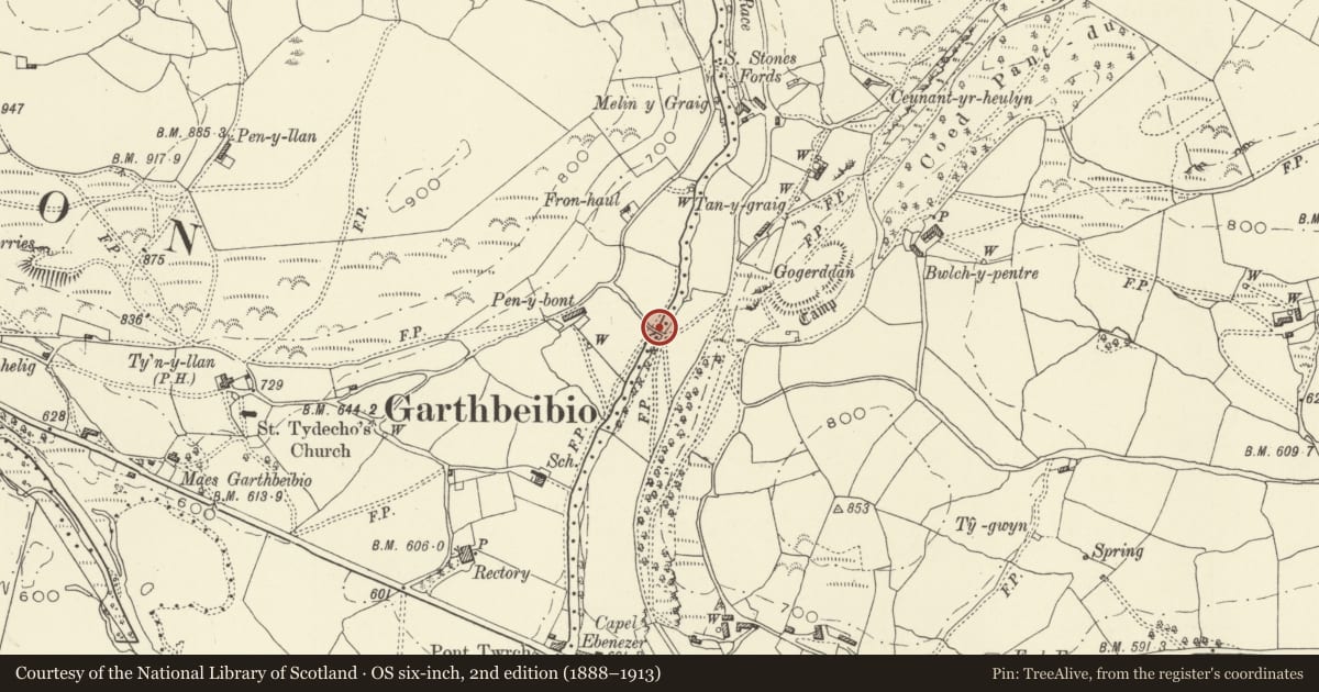 Ordnance Survey six-inch map, 2nd edition (1888–1913) covering the location of Pont-y-clochydd, Banwy, Powys, with a pin at the register's coordinates