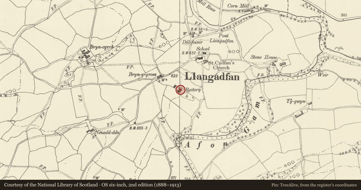 Ordnance Survey six-inch map, 2nd edition (1888–1913) covering the location of Rhiwlas (former Rectory) with open-sided Coach-shed to north-west, Banwy, Powys, with a pin at the register's coordinates