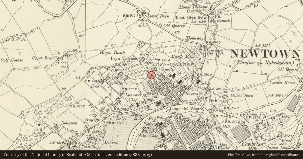 Ordnance Survey six-inch map, 2nd edition (1888–1913) covering the location of 23 Crescent Street, Newtown and Llanllwchaiarn, Powys, with a pin at the register's coordinates