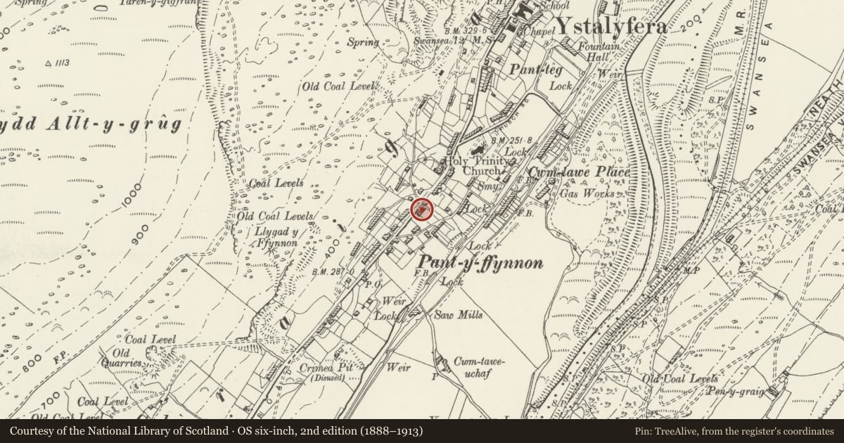 Ordnance Survey six-inch map, 2nd edition (1888–1913) covering the location of No 40 Graig Road, Ystalyfera, Neath Port Talbot, with a pin at the register's coordinates