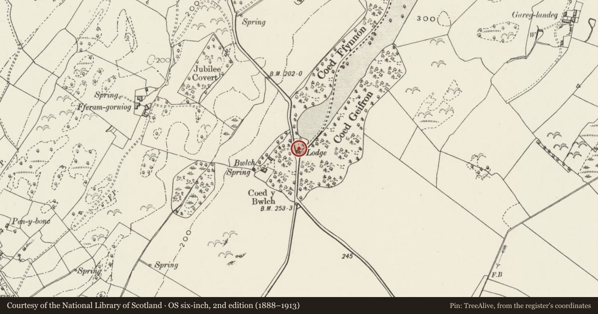 Ordnance Survey six-inch map, 2nd edition (1888–1913) covering the location of Bangor Lodge, Pentraeth, Isle of Anglesey, with a pin at the register's coordinates