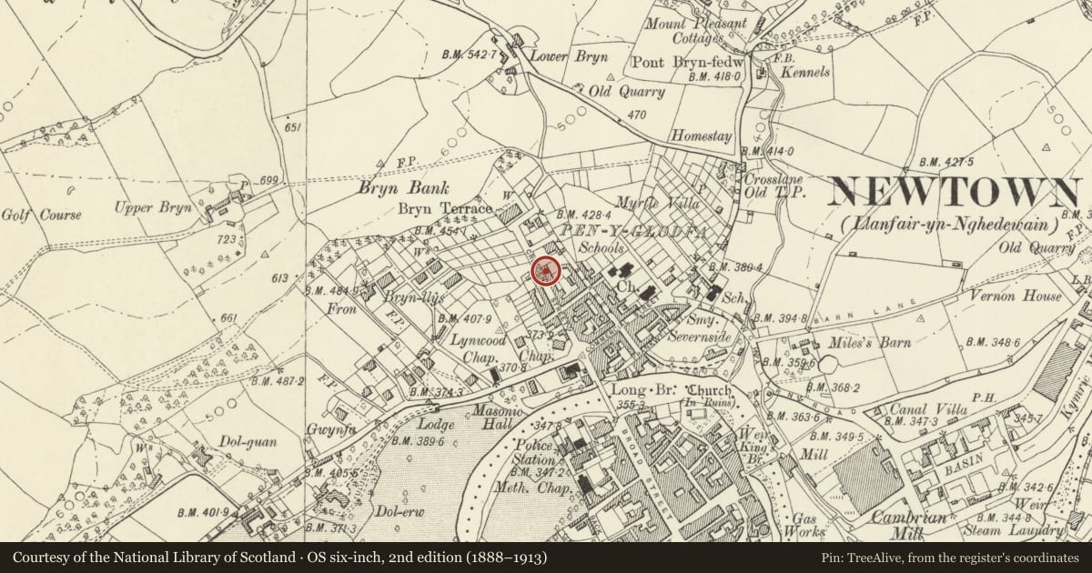 Ordnance Survey six-inch map, 2nd edition (1888–1913) covering the location of 24 Crescent Street, Newtown and Llanllwchaiarn, Powys, with a pin at the register's coordinates