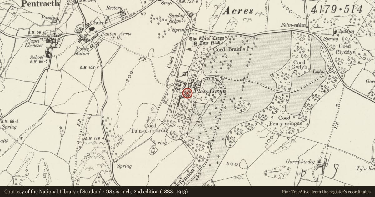 Ordnance Survey six-inch map, 2nd edition (1888–1913) covering the location of Barn at Plas Gwyn, Pentraeth, Isle of Anglesey, with a pin at the register's coordinates