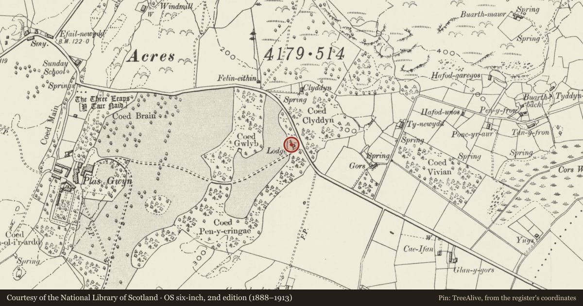 Ordnance Survey six-inch map, 2nd edition (1888–1913) covering the location of Beaumaris Lodge, Pentraeth, Isle of Anglesey, with a pin at the register's coordinates