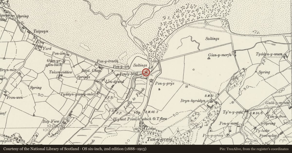 Ordnance Survey six-inch map, 2nd edition (1888–1913) covering the location of Bridge at Red Wharf Bay, Pentraeth, Isle of Anglesey, with a pin at the register's coordinates
