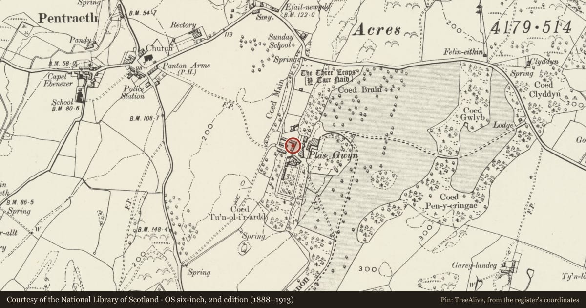 Ordnance Survey six-inch map, 2nd edition (1888–1913) covering the location of Cartshed at Plas Gwyn, Pentraeth, Isle of Anglesey, with a pin at the register's coordinates